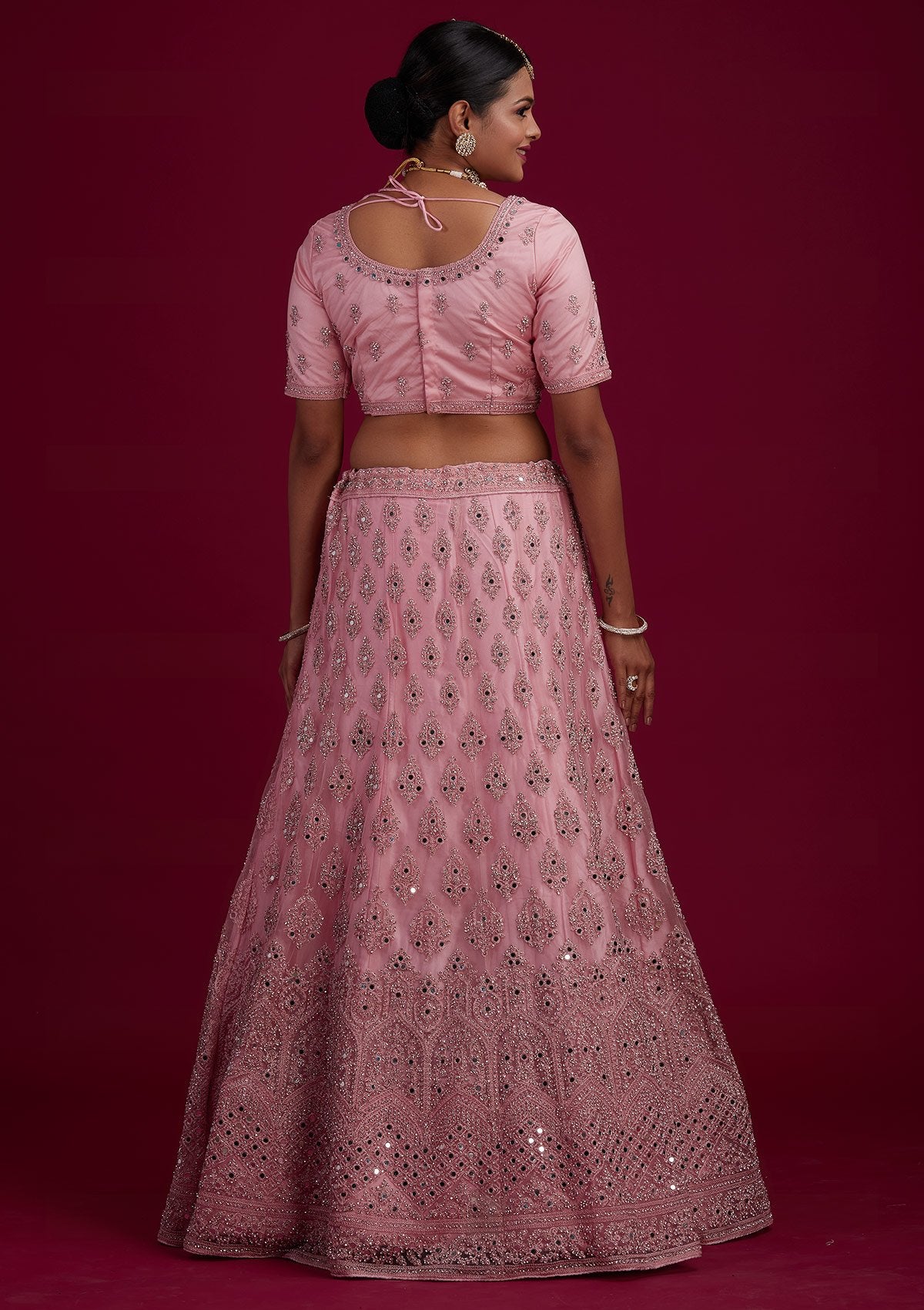 Baby Pink Mirrorwork Net Designer Semi-Stitched Lehenga - Koskii