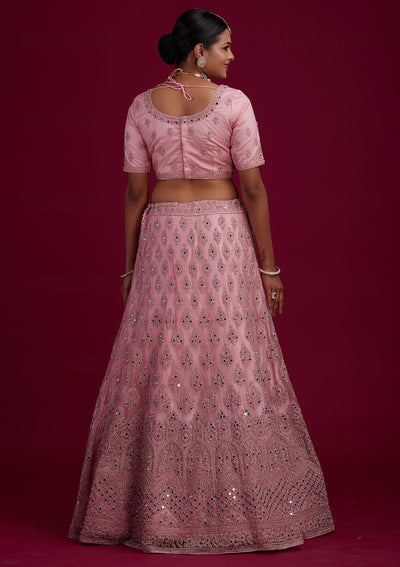 Baby Pink Mirrorwork Net Designer Semi-Stitched Lehenga - Koskii