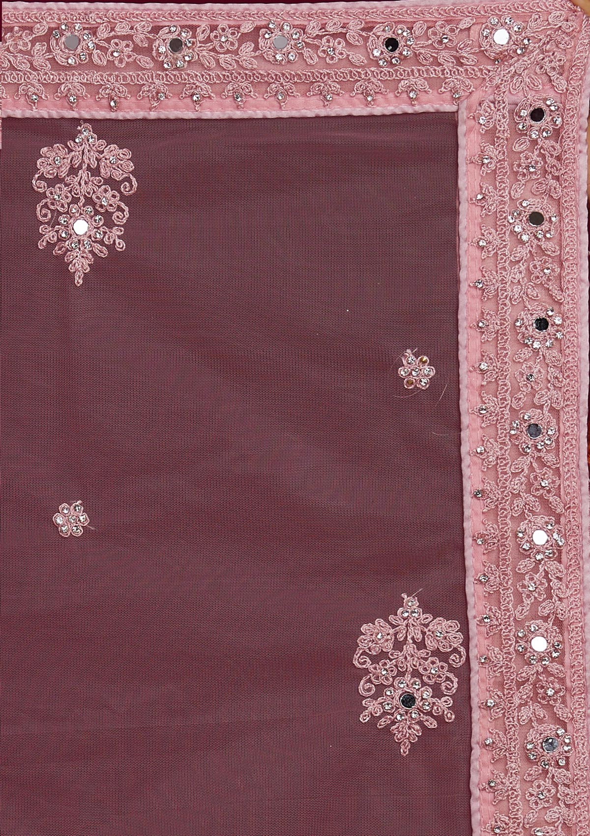 Baby Pink Mirrorwork Net Designer Semi-Stitched Lehenga - Koskii