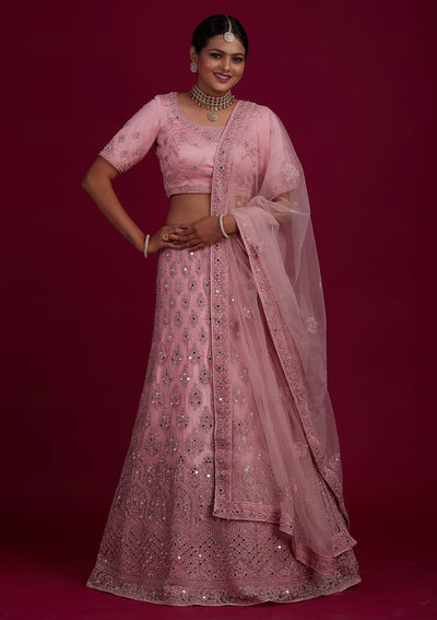 Baby Pink Mirrorwork Net Designer Semi-Stitched Lehenga - Koskii