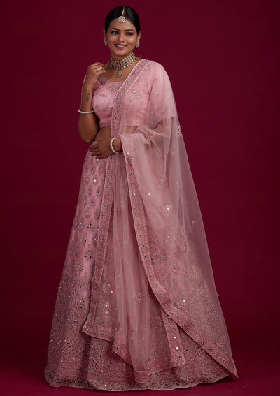 Baby Pink Mirrorwork Net Designer Semi-Stitched Lehenga - Koskii