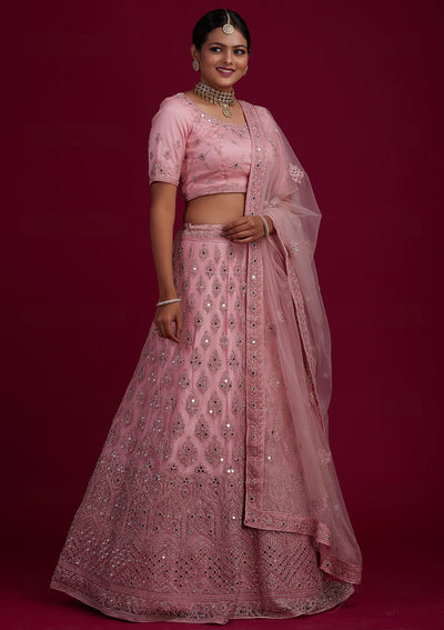 Baby Pink Mirrorwork Net Designer Semi-Stitched Lehenga - Koskii