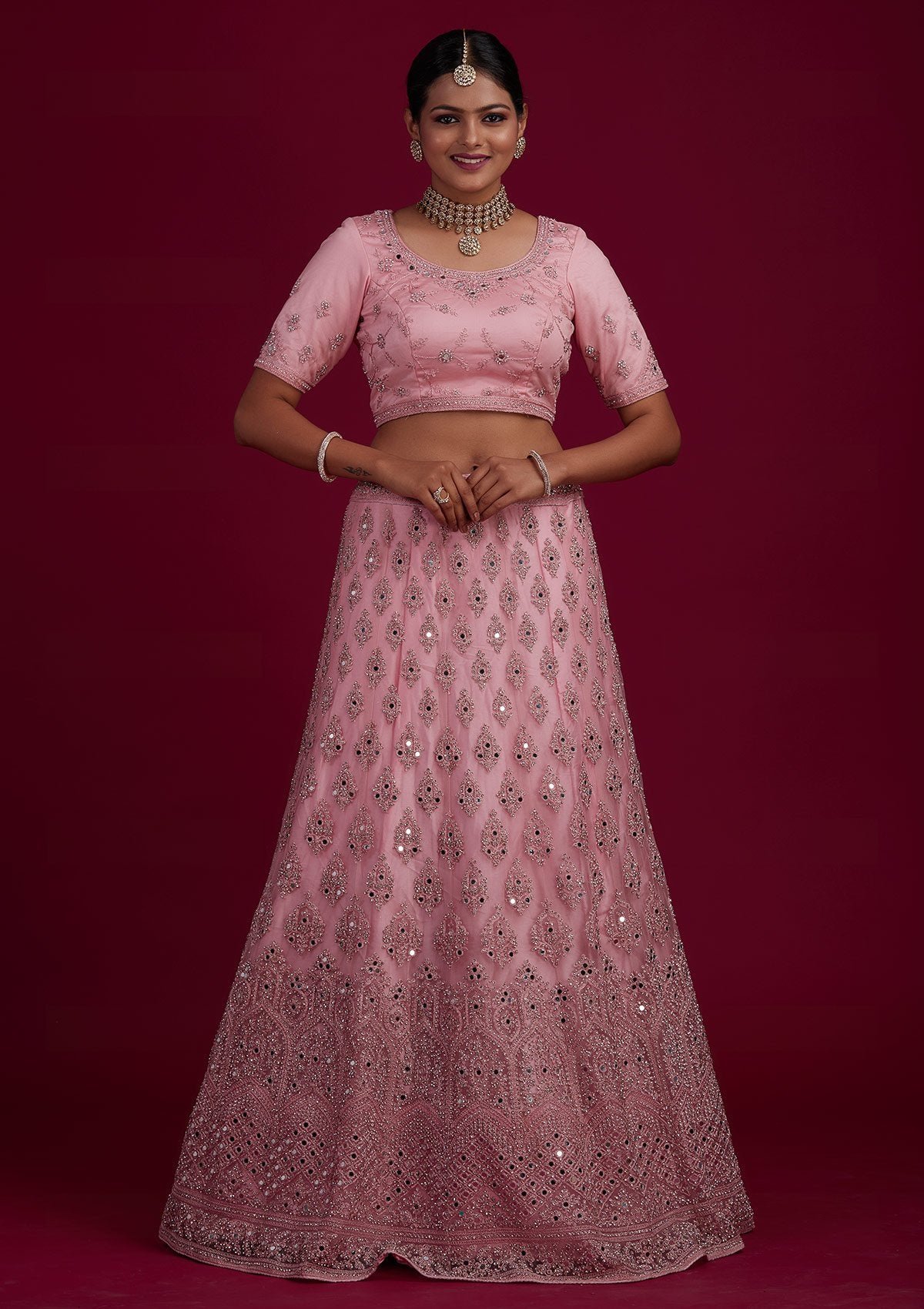 Buy Baby Pink Mirrorwork Net Semi Stitched Lehenga Koskii