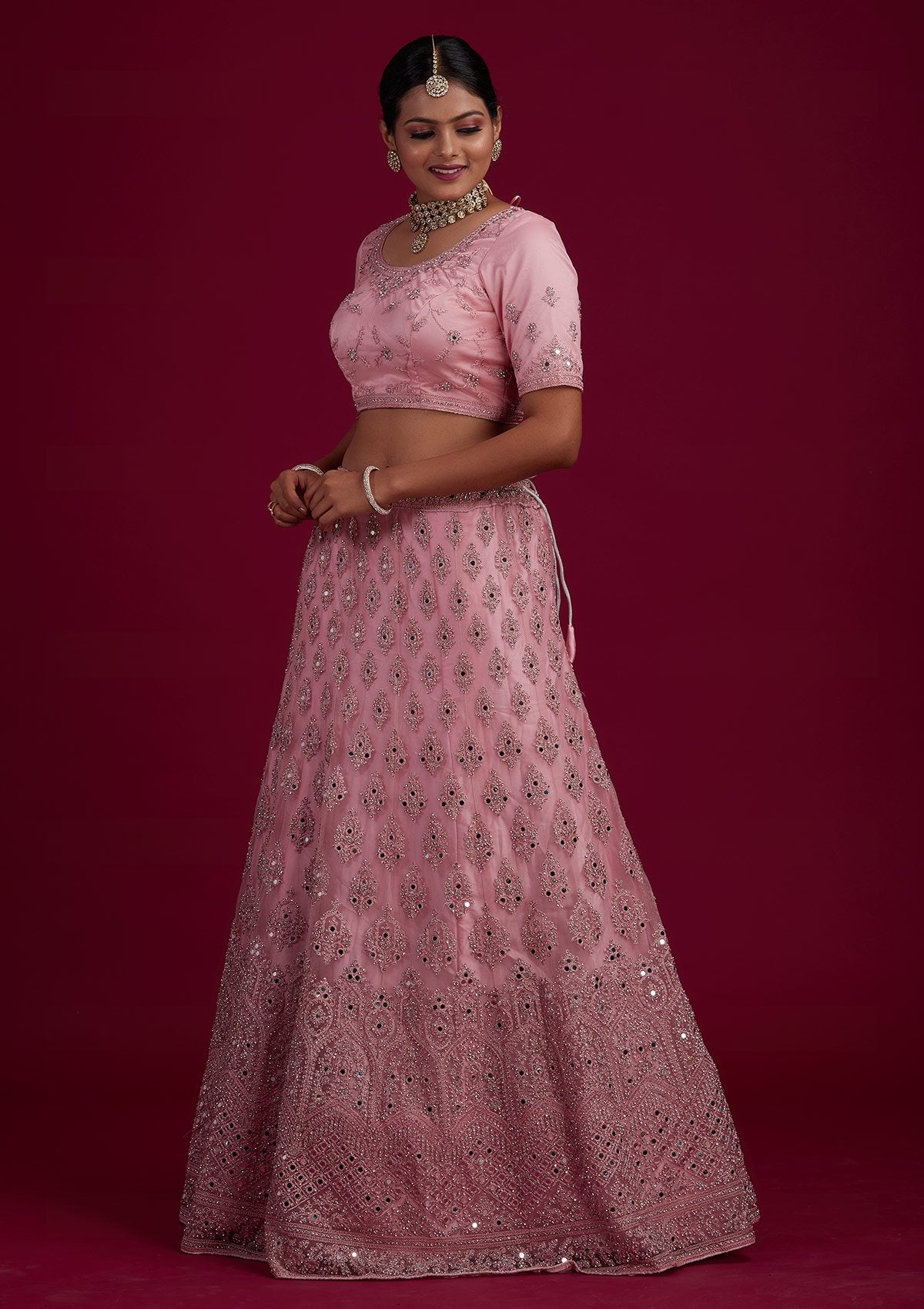 Baby Pink Mirrorwork Net Designer Semi-Stitched Lehenga - Koskii