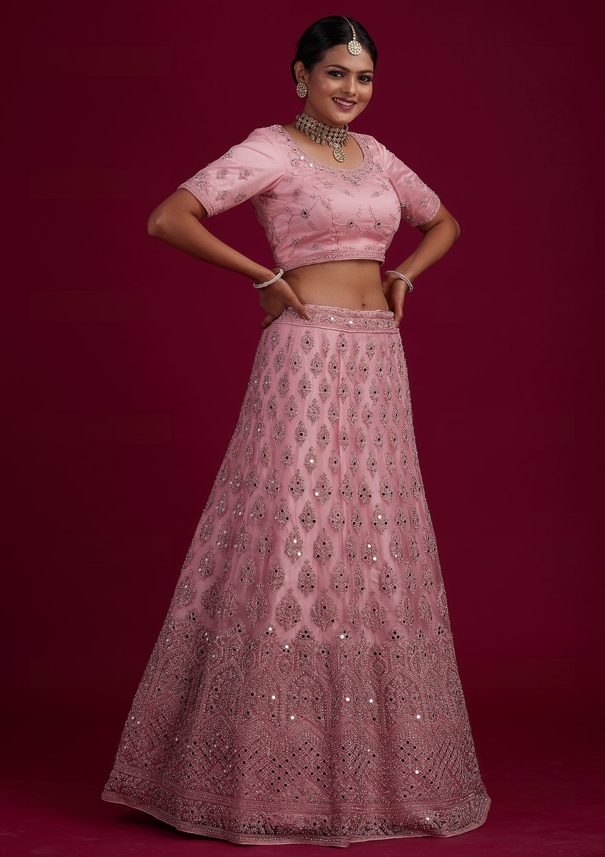 Baby Pink Mirrorwork Net Designer Semi-Stitched Lehenga - Koskii