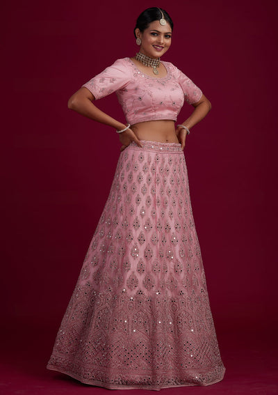 Baby Pink Mirrorwork Net Designer Semi-Stitched Lehenga - Koskii