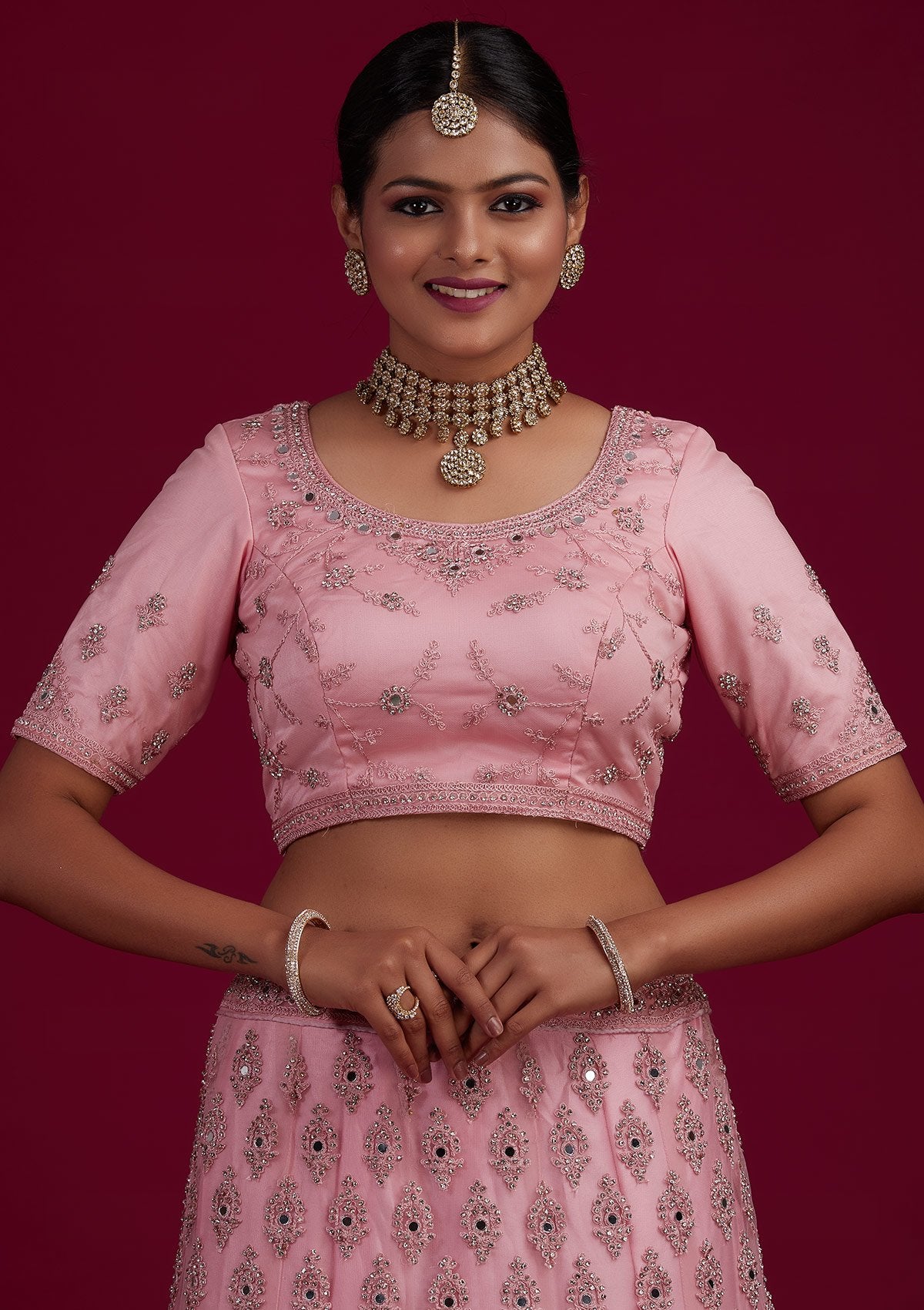 Baby Pink Mirrorwork Net Designer Semi-Stitched Lehenga - Koskii