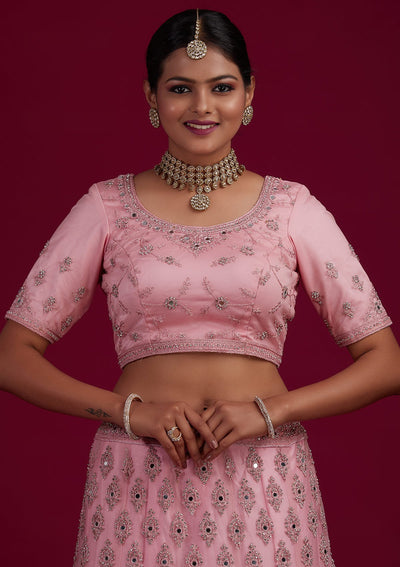 Baby Pink Mirrorwork Net Designer Semi-Stitched Lehenga - Koskii