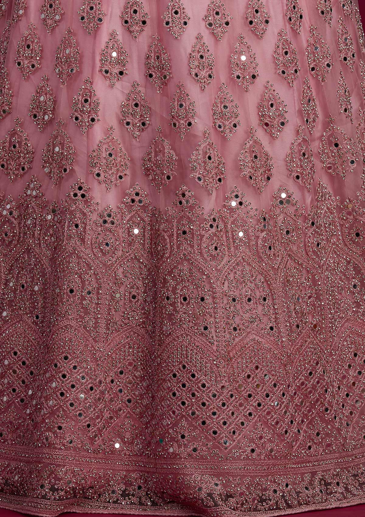 Baby Pink Mirrorwork Net Designer Semi-Stitched Lehenga - Koskii