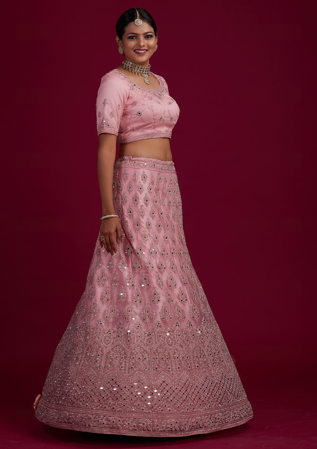 Buy Baby Pink Mirrorwork Net Semi Stitched Lehenga Koskii