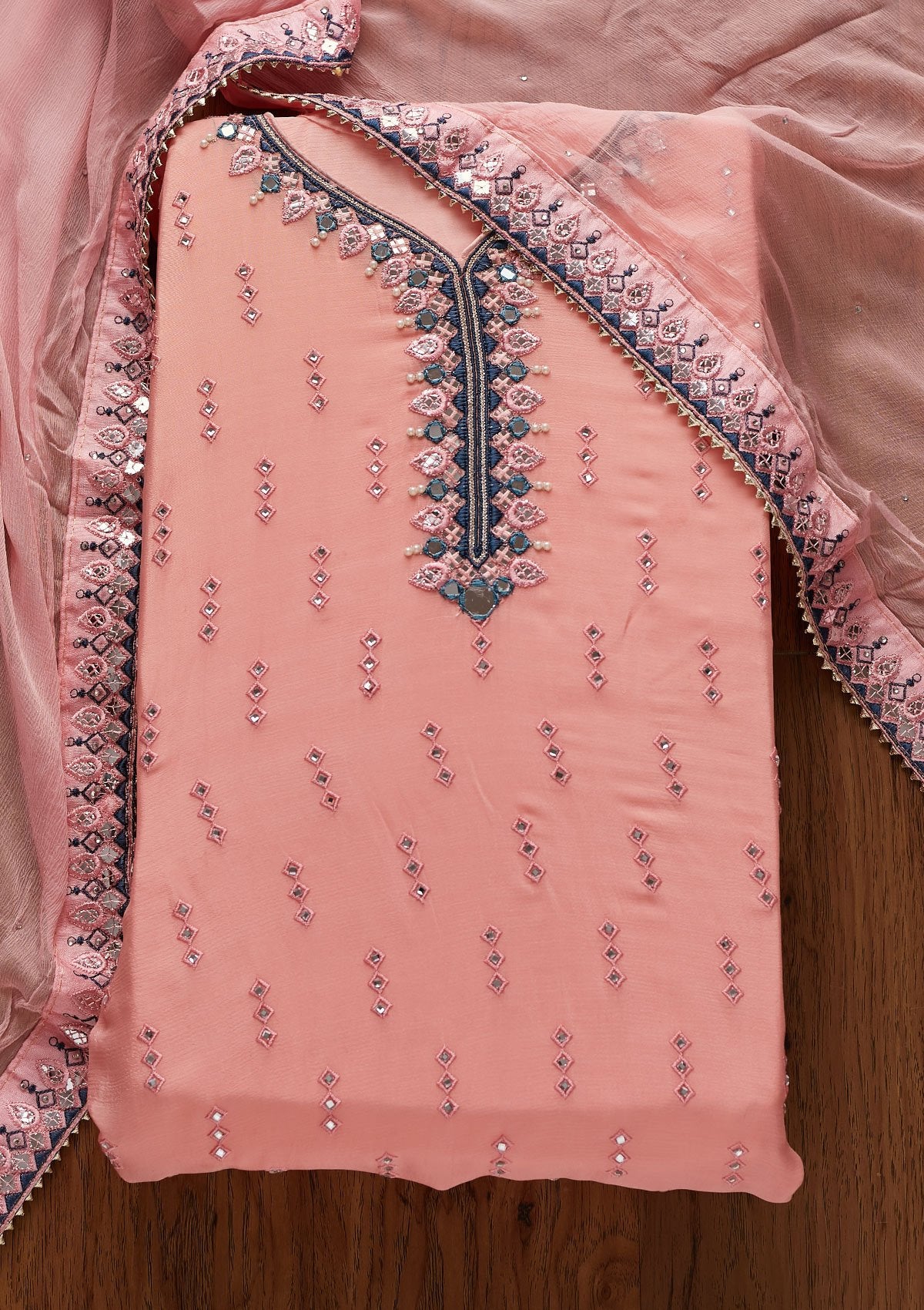 Baby Pink Mirrorwork Semi Crepe Designer Semi-Stitched Salwar Suit - koskii