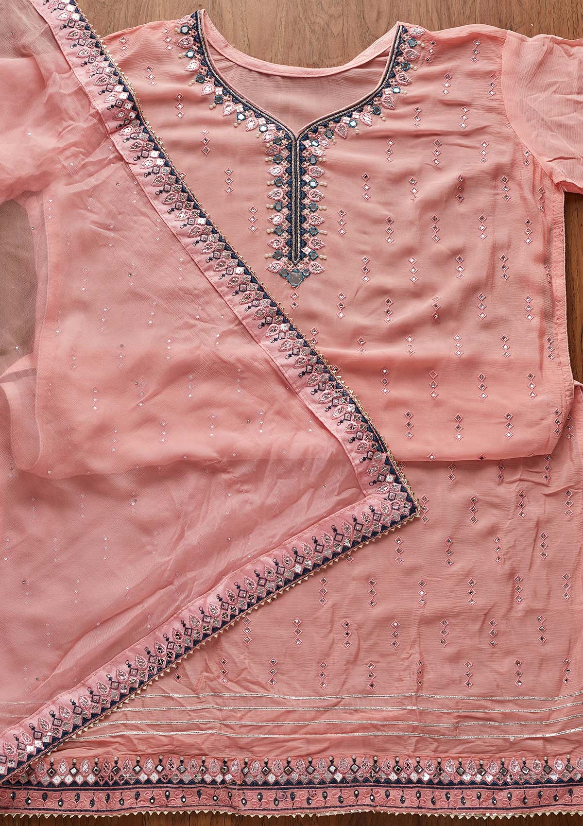 Baby Pink Mirrorwork Semi Crepe Designer Semi-Stitched Salwar Suit - koskii