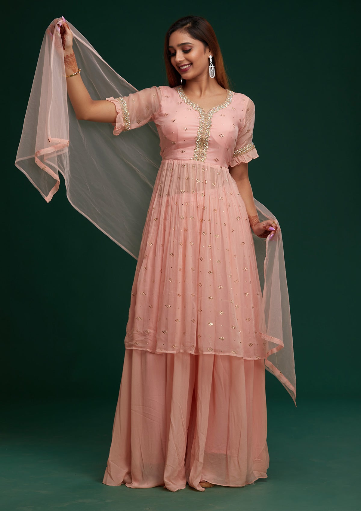 Baby Pink Pearlwork Georgette Designer Salwar Suit- Koskii