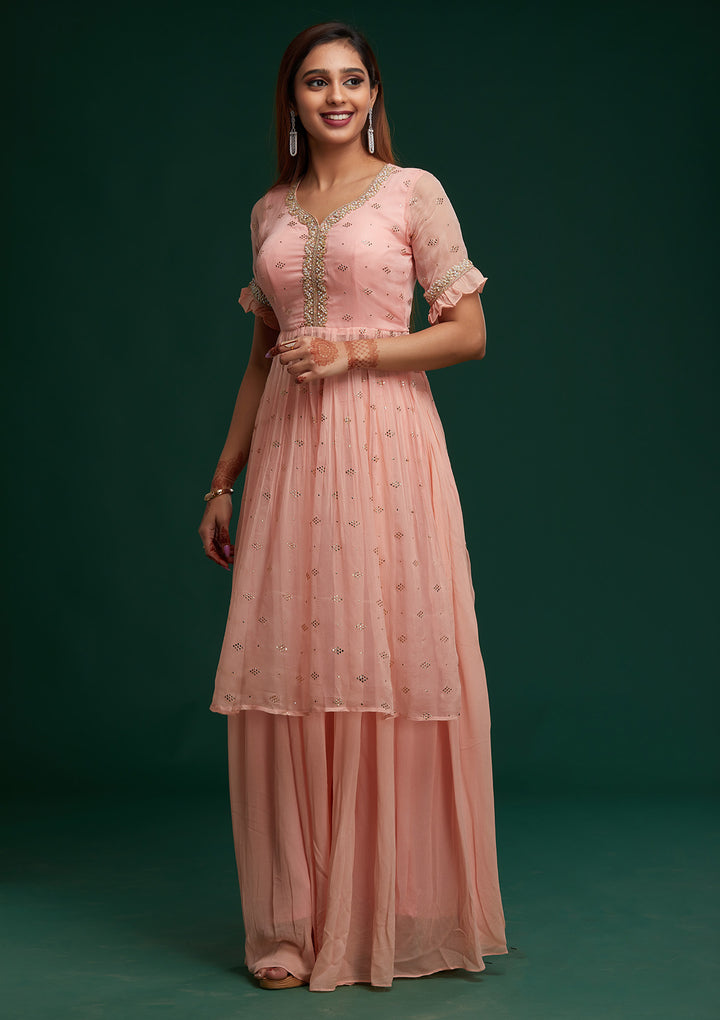Baby Pink Pearlwork Georgette Designer Salwar Suit - Koskii