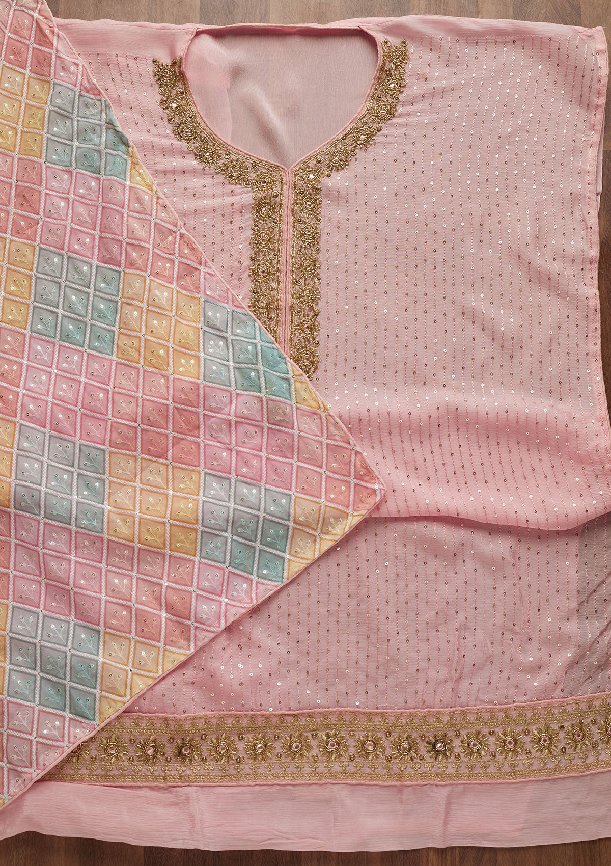 Baby Pink Sequins Georgette Unstitched Salwar Suit-Koskii
