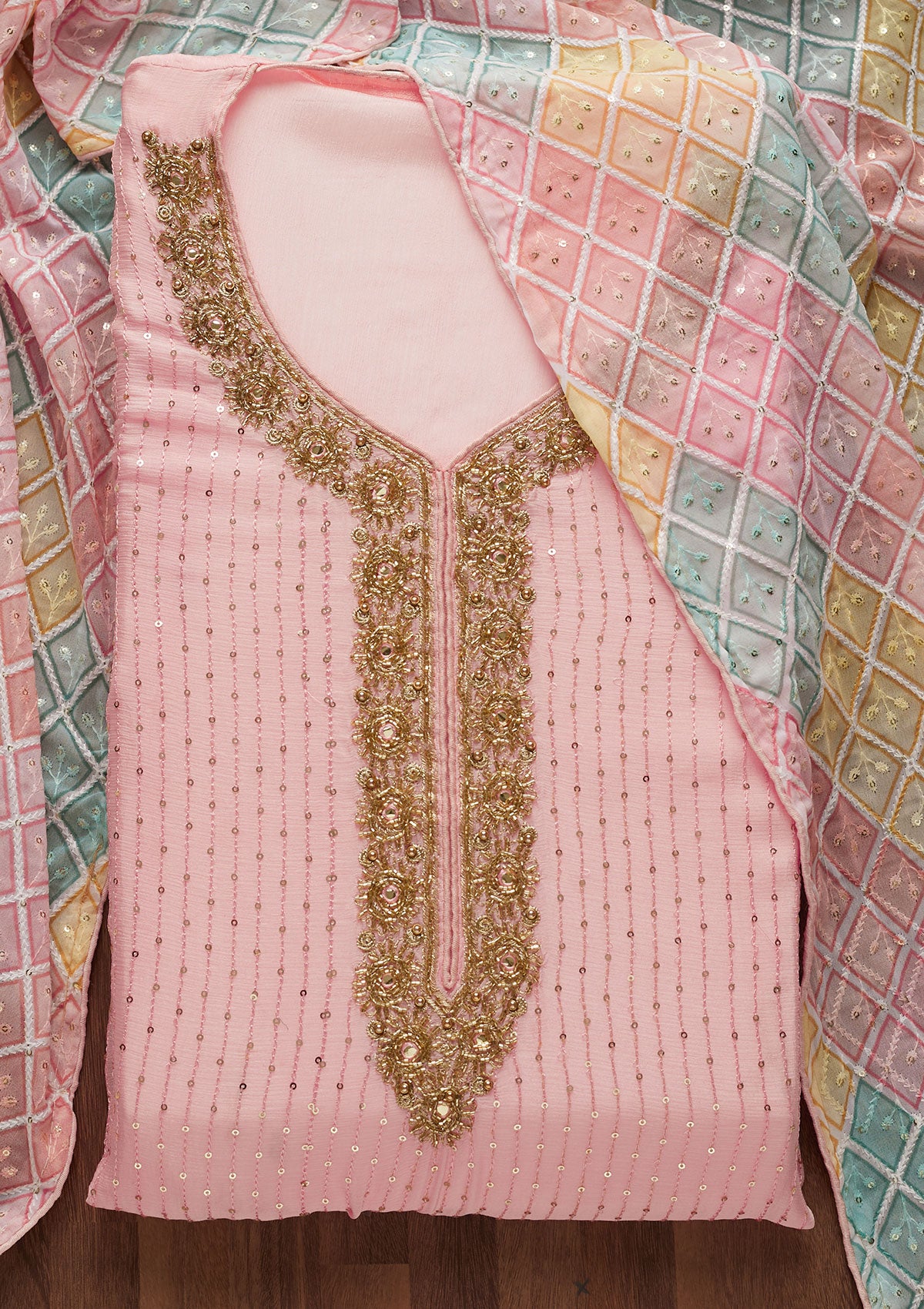 Baby Pink Sequins Georgette Unstitched Salwar Suit-Koskii