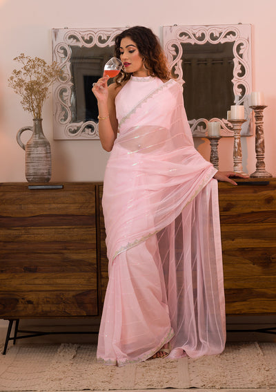 Baby Pink Sequins Shimmer Saree-Koskii