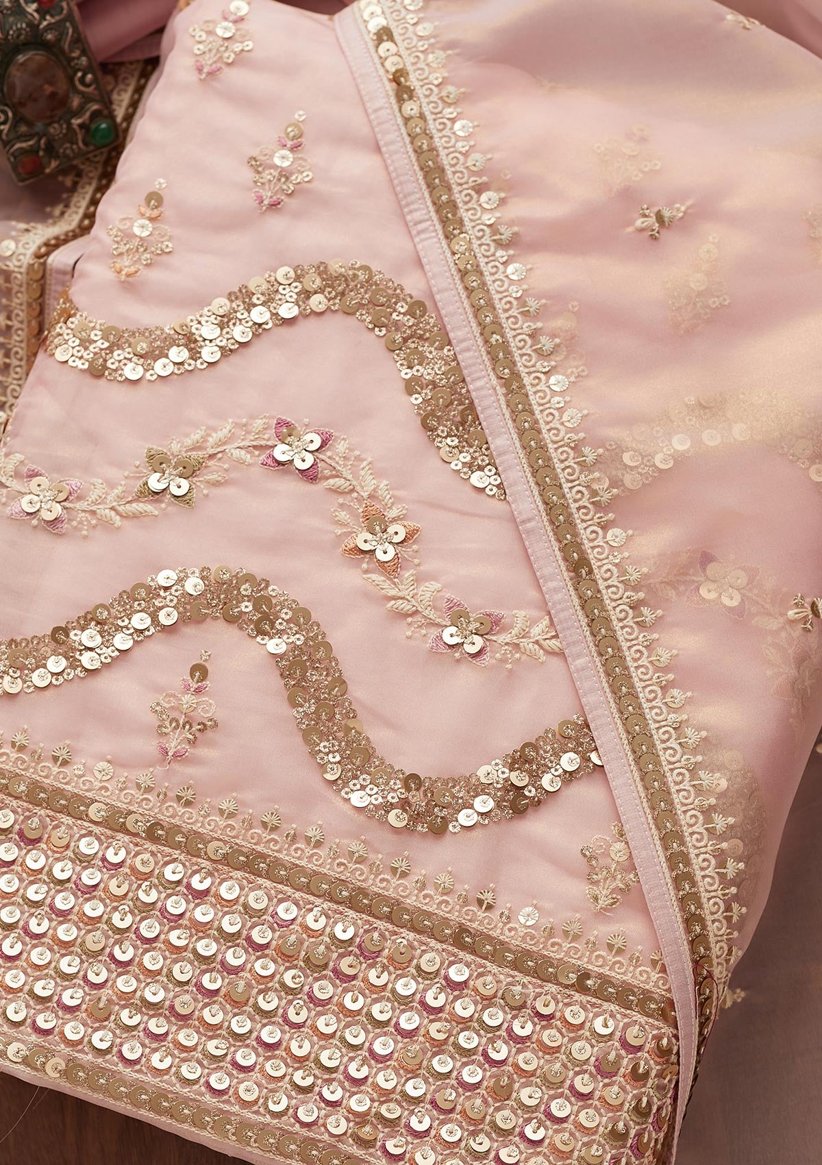 Baby Pink Sequins Organza Unstitched Salwar Suit-Koskii