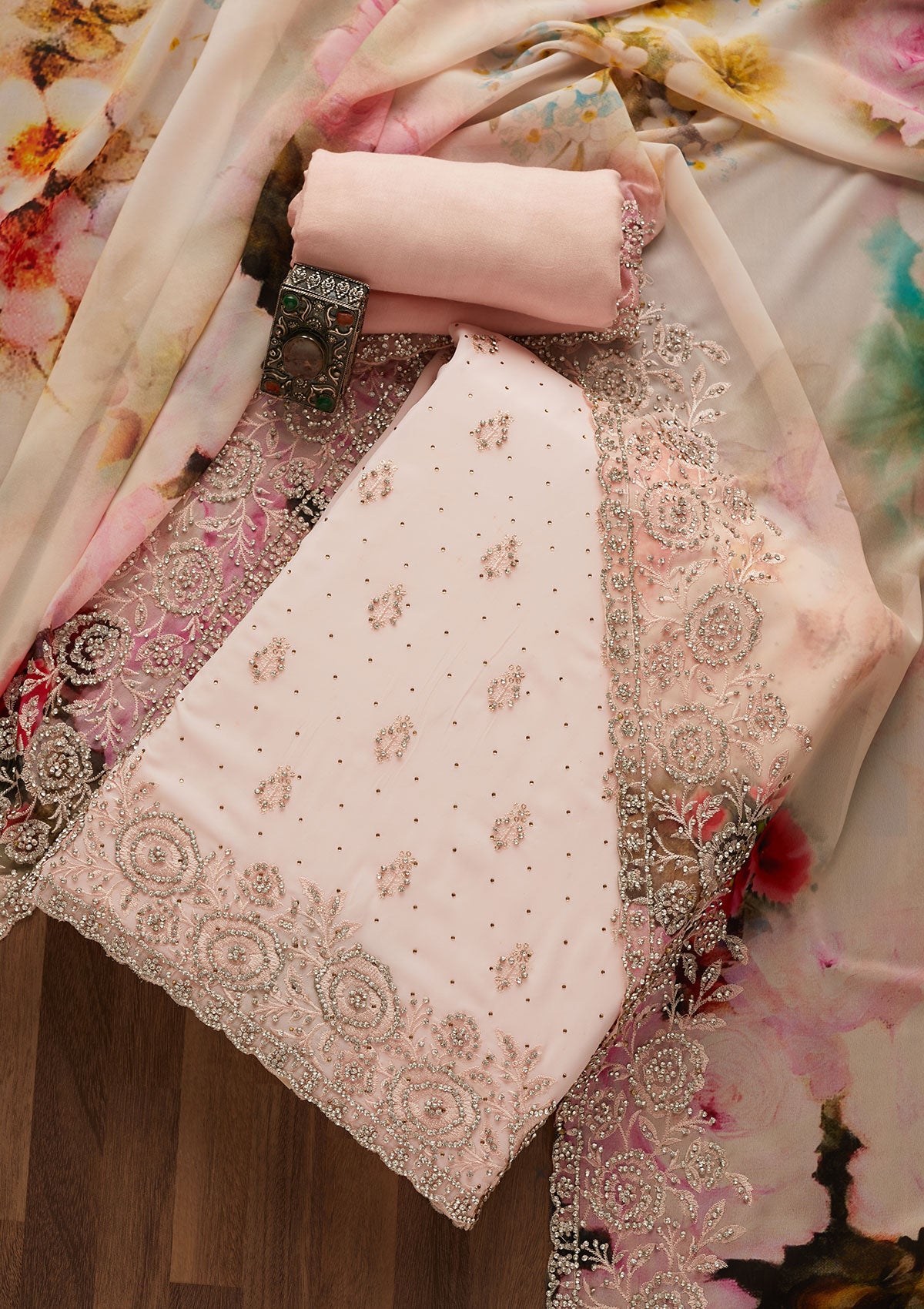 Baby Pink Silver Stonework Georgette Unstitched Salwar Suit-Koskii