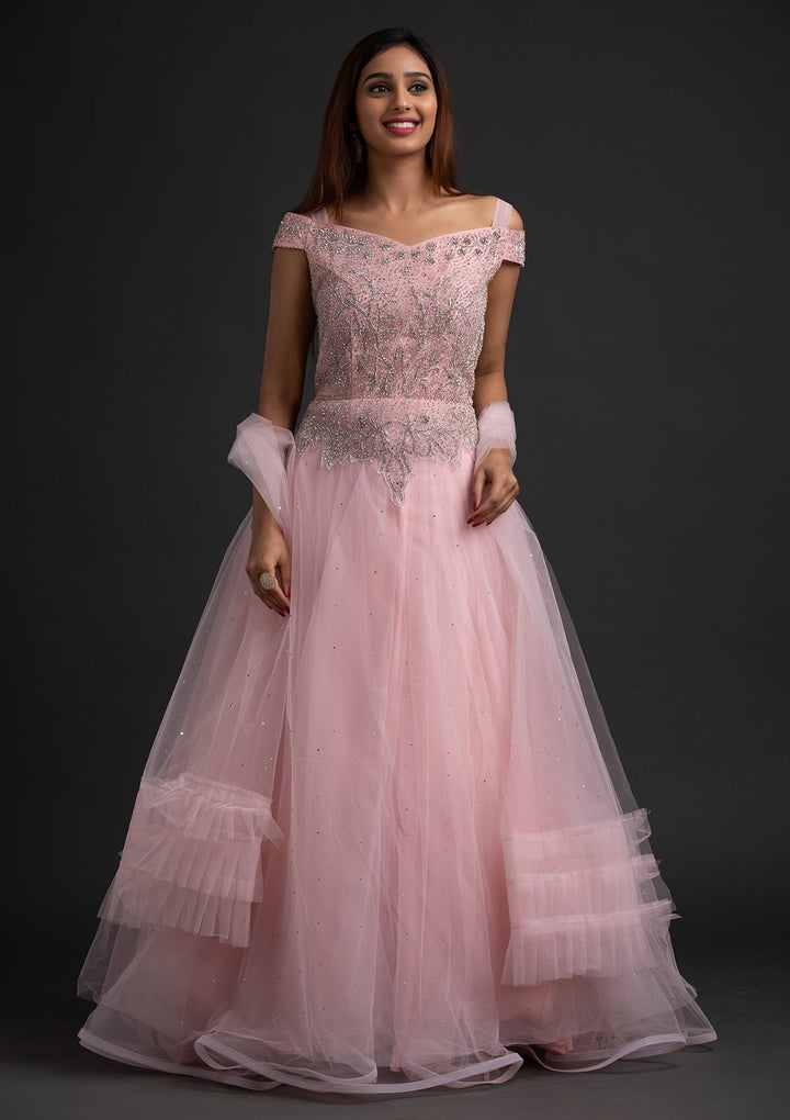 Baby Pink Silver Stonework Net Designer Gown - koskii