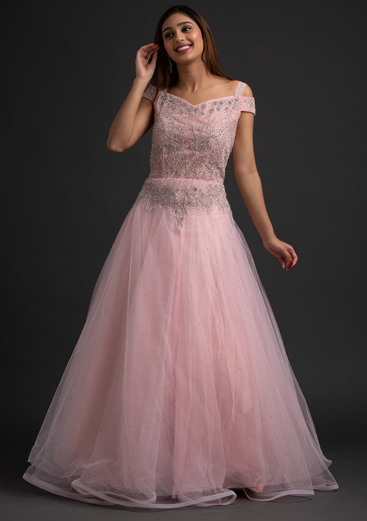 Baby Pink Silver Stonework Net Designer Gown - koskii