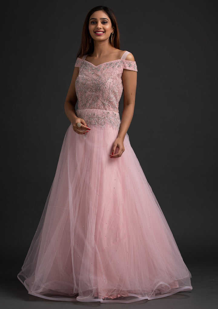 Baby Pink Silver Stonework Net Designer Gown - koskii