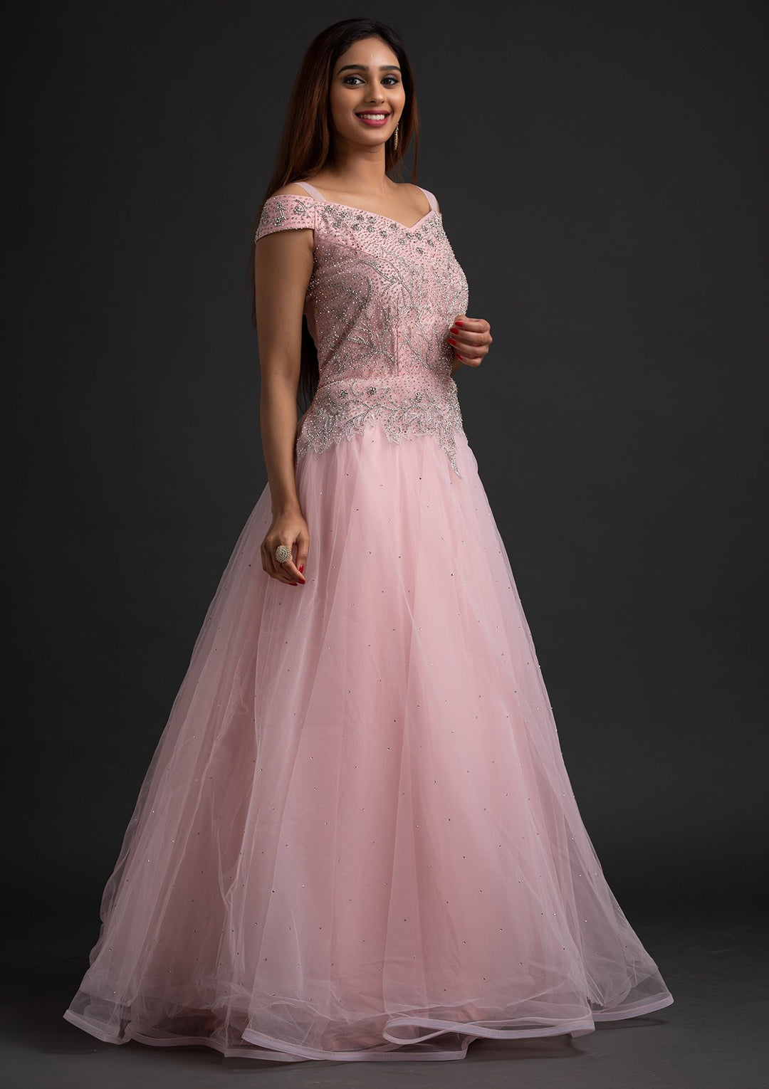 Baby Pink Silver Stonework Net Designer Gown - koskii