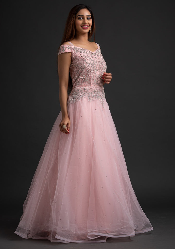 Baby Pink Silver Stonework Net Designer Gown - koskii