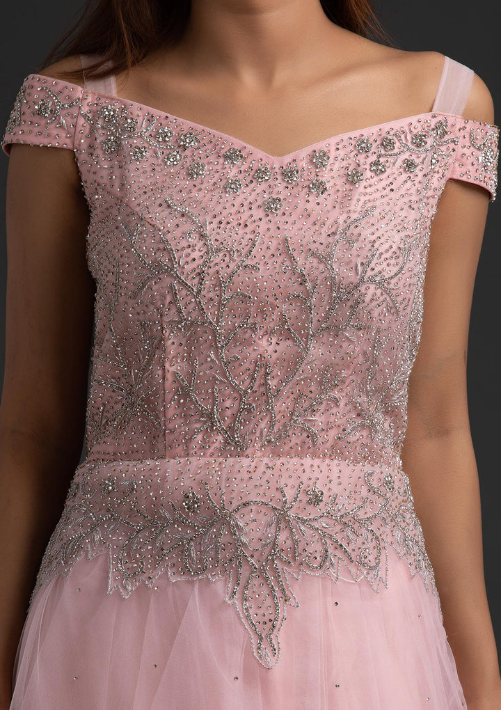 Baby Pink Silver Stonework Net Designer Gown - koskii