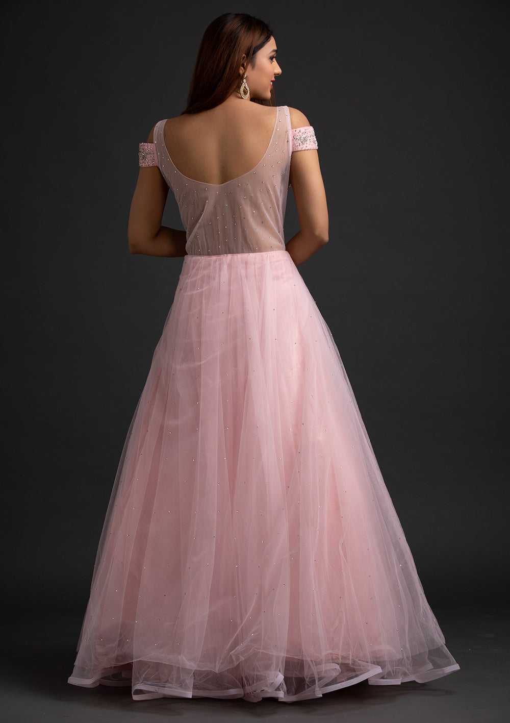 Baby Pink Silver Stonework Net Designer Gown - koskii