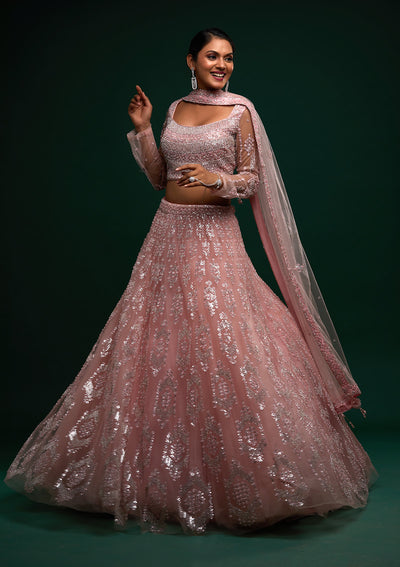 Baby Pink Silver Stonework Net Designer Lehenga - Koskii