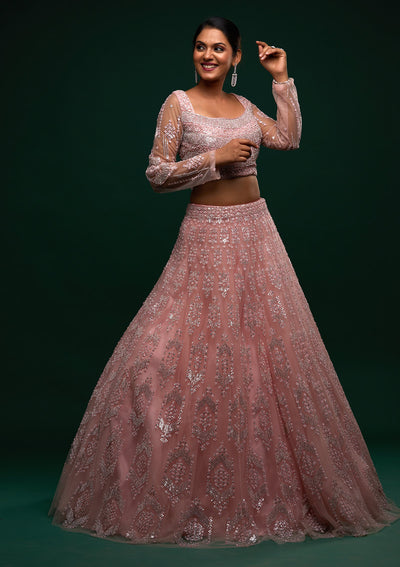 Baby Pink Silver Stonework Net Designer Lehenga - Koskii