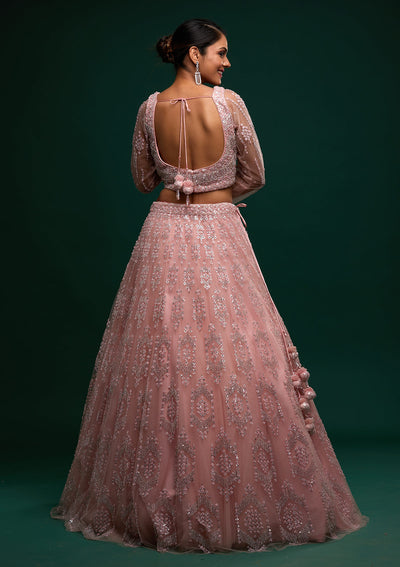 Baby Pink Silver Stonework Net Designer Lehenga - Koskii