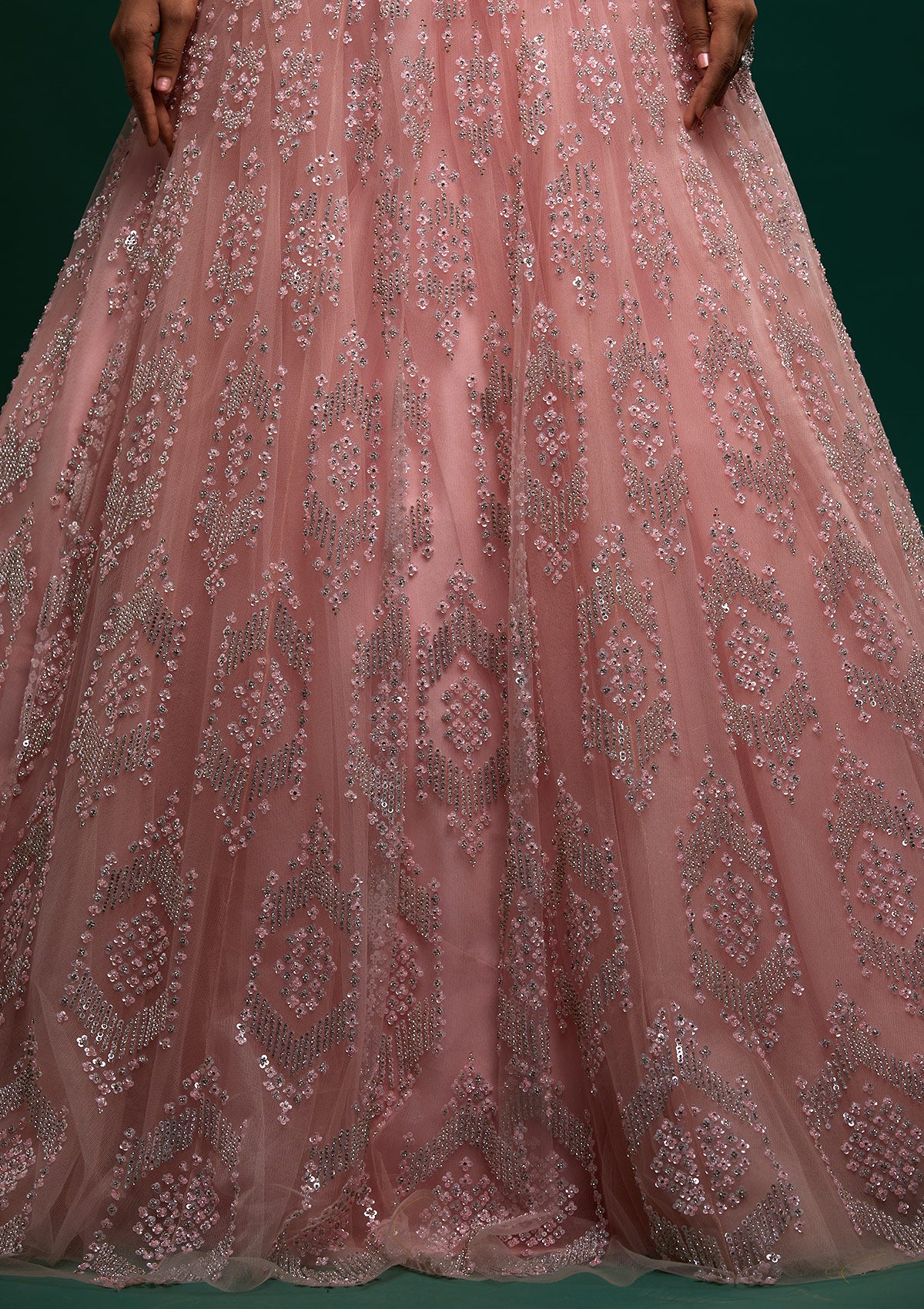 Baby Pink Silver Stonework Net Designer Lehenga - Koskii