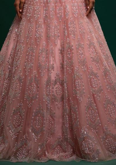 Baby Pink Silver Stonework Net Designer Lehenga - Koskii