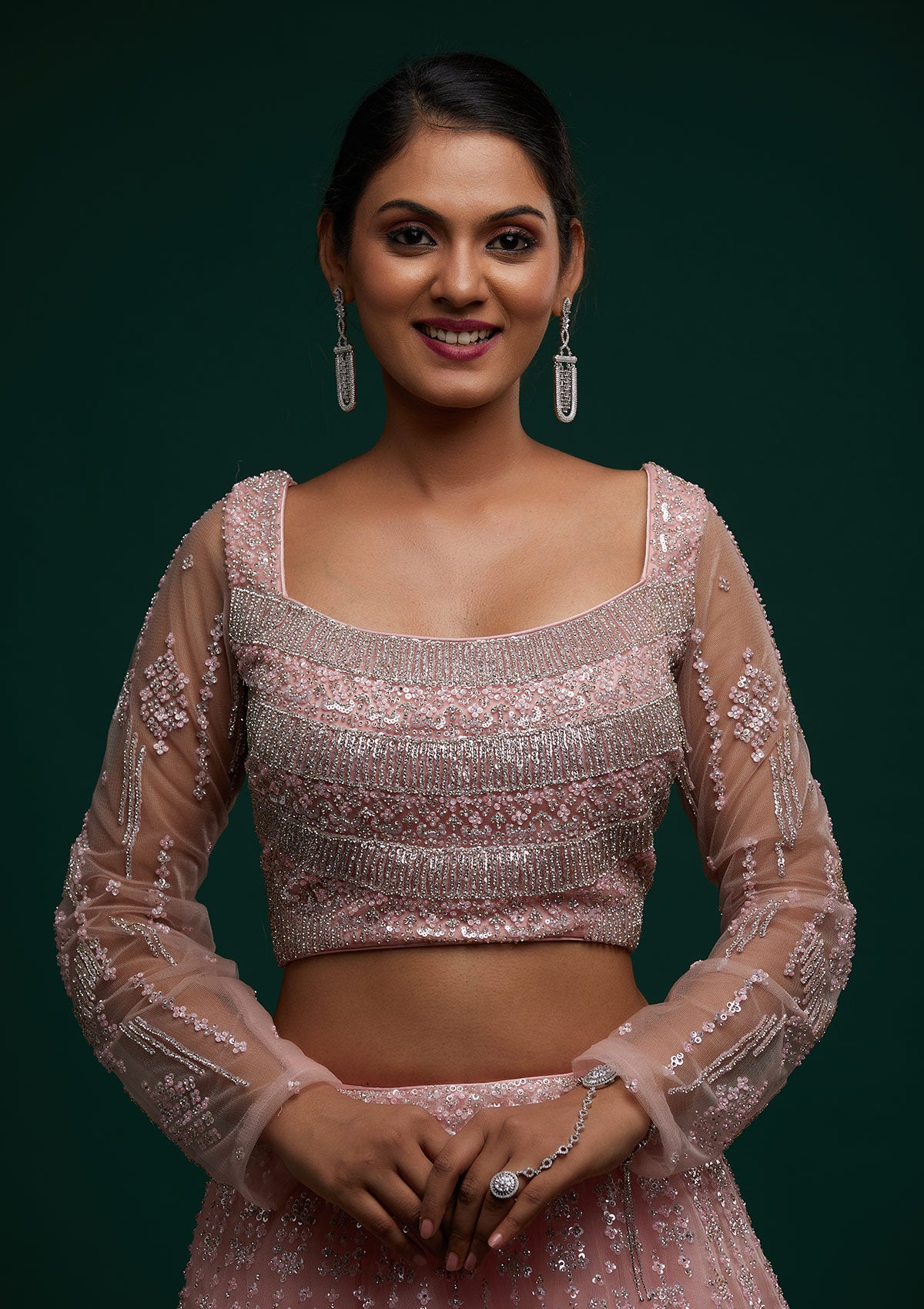 Baby Pink Silver Stonework Net Designer Lehenga - Koskii