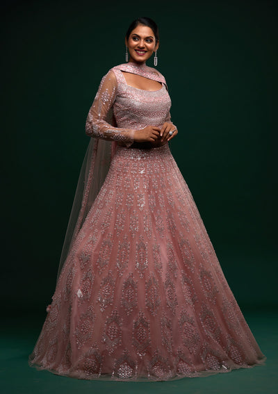 Baby Pink Silver Stonework Net Designer Lehenga - Koskii