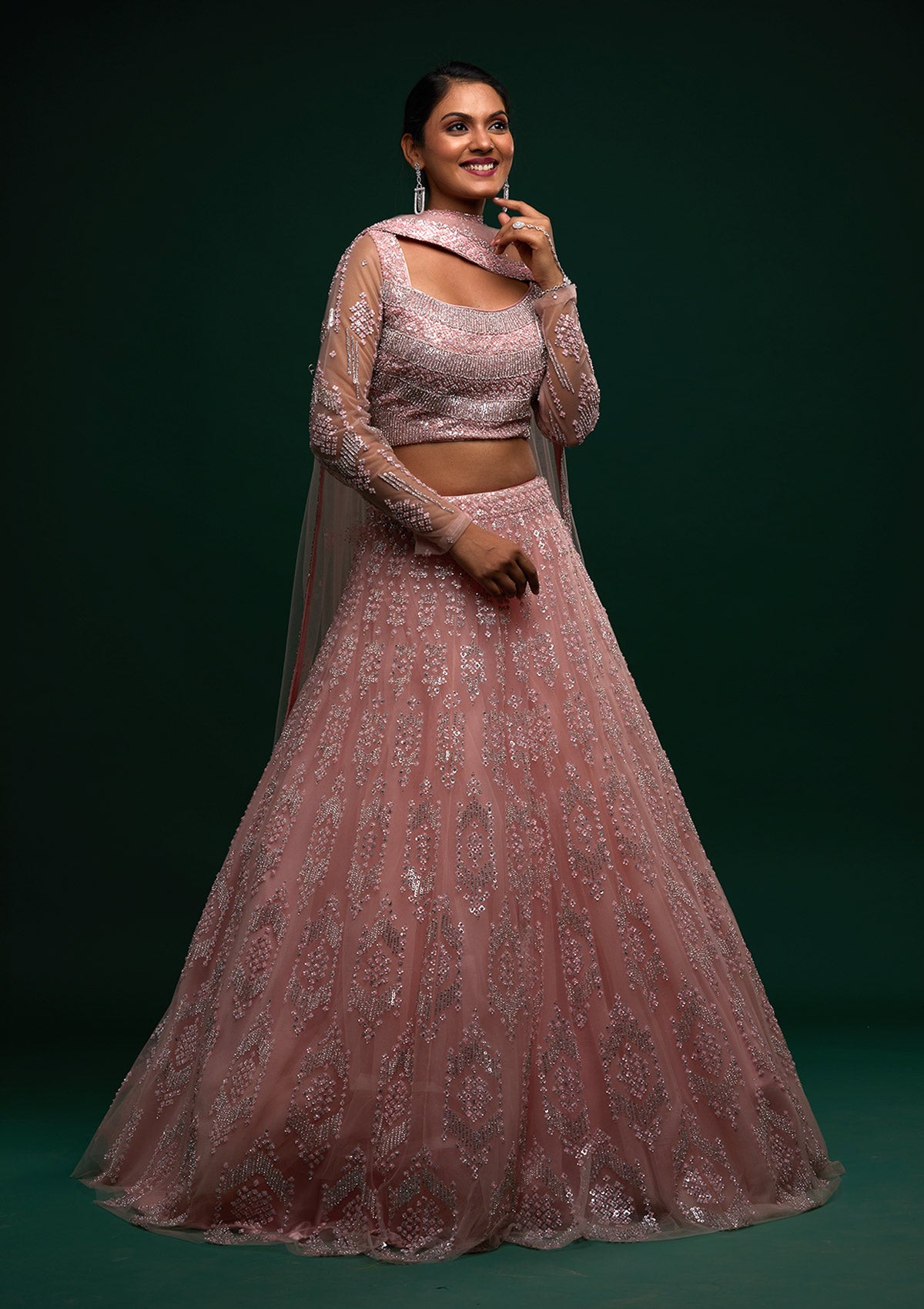 Baby Pink Silver Stonework Net Designer Lehenga - Koskii