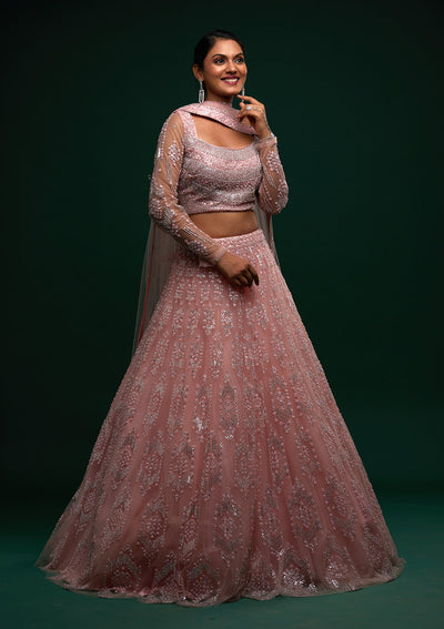 Baby Pink Silver Stonework Net Designer Lehenga - Koskii