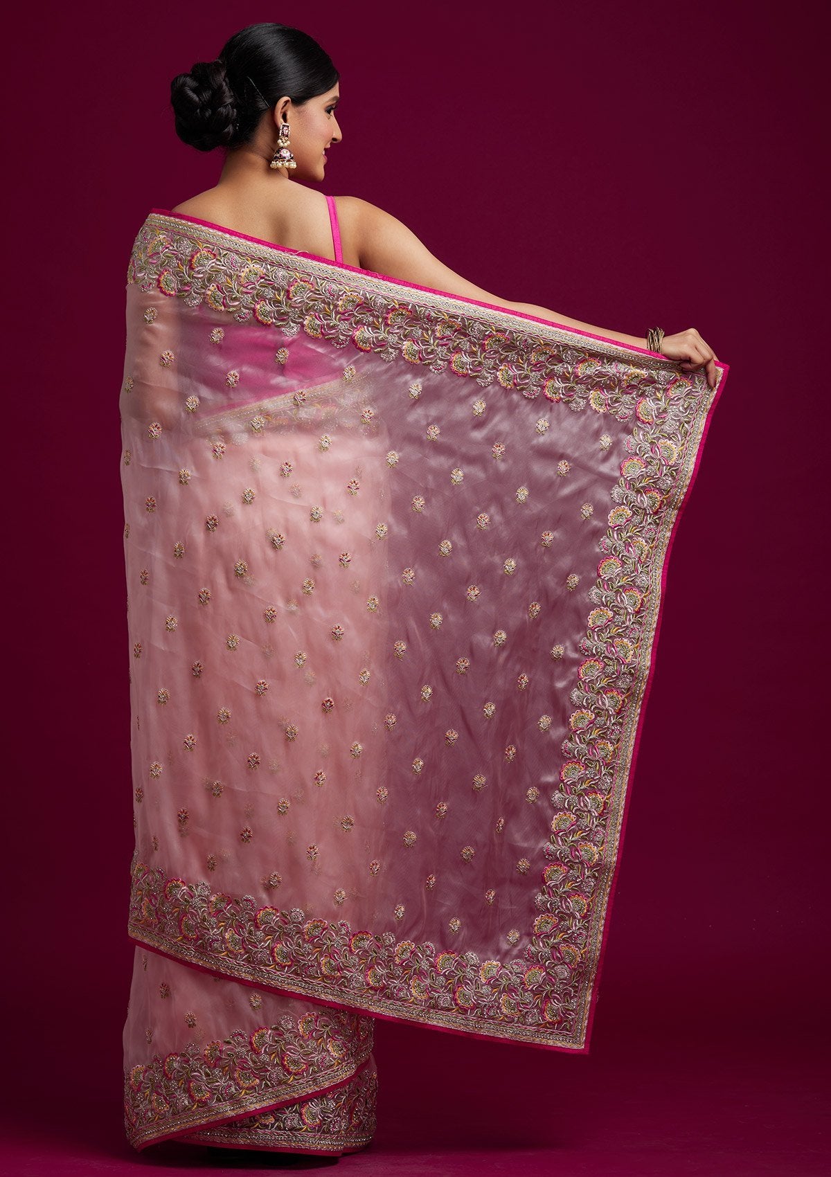 Baby Pink Silver Stonework Tissue Designer Saree - koskii