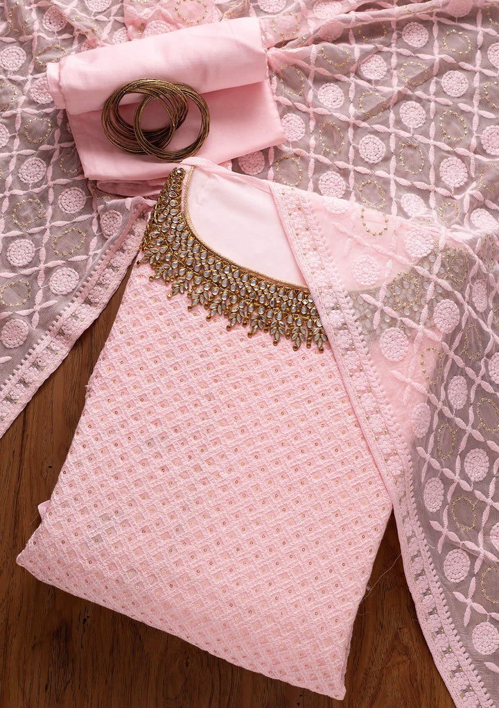 Baby Pink Stonework Georgette Designer Unstitched Salwar Suit - koskii