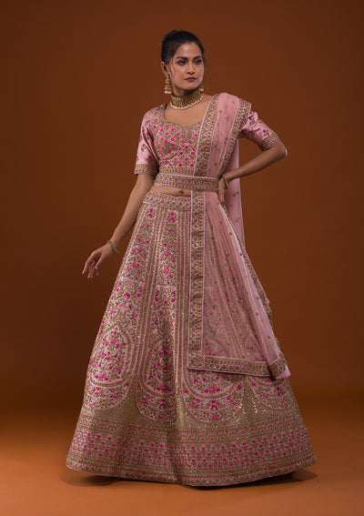 Baby Pink Stonework Raw Silk Designer Lehenga-Koskii