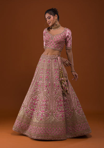 Baby Pink Stonework Raw Silk Designer Lehenga-Koskii