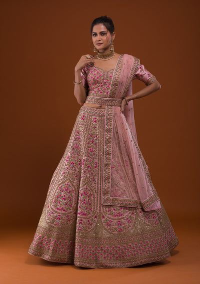 Baby Pink Stonework Raw Silk Designer Lehenga-Koskii