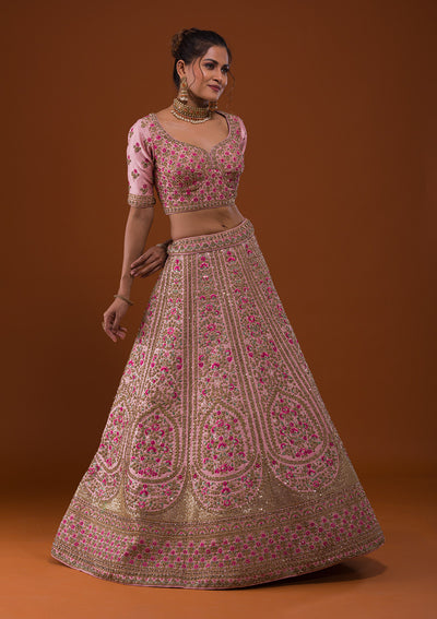 Baby Pink Stonework Raw Silk Designer Lehenga-Koskii