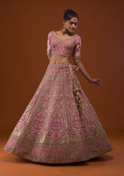 Baby Pink Stonework Raw Silk Designer Lehenga-Koskii