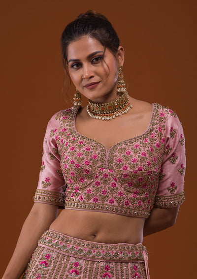 Baby Pink Stonework Raw Silk Designer Lehenga-Koskii