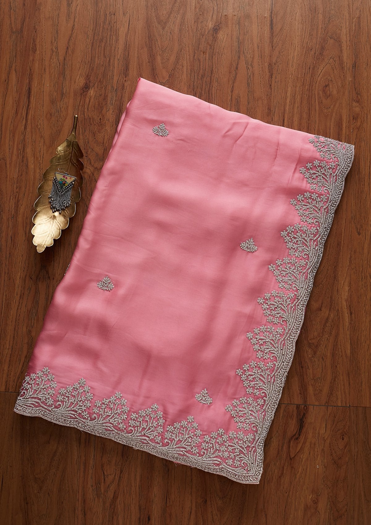 Baby Pink Stonework Satin Designer Saree - koskii