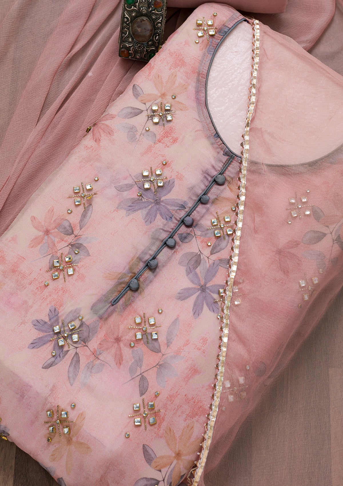 Baby Pink Semi Crepe Stonework Unstitched Salwar Suit-Koskii