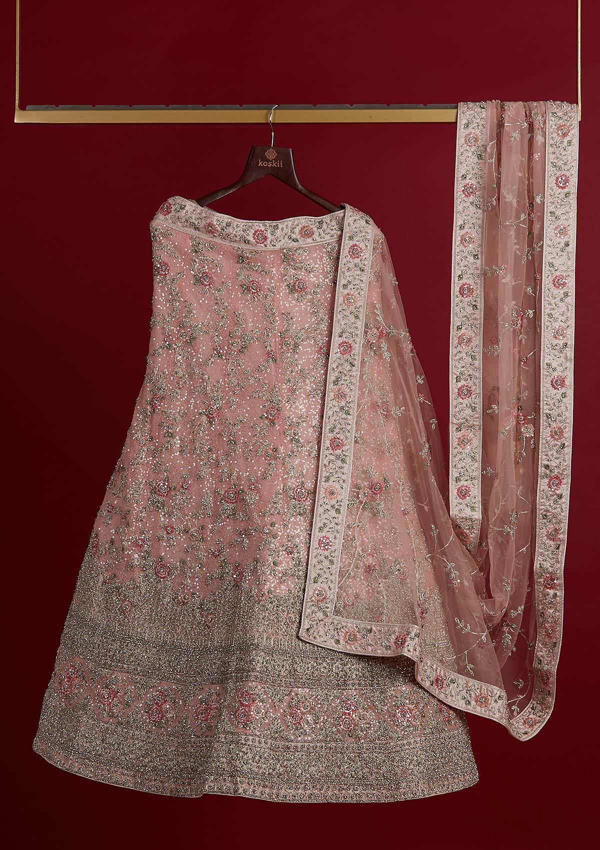 Baby Pink Stonework Velvet Designer Semi-Stitched Lehenga - koskii